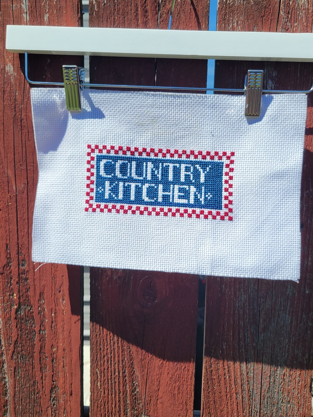 Country‎ Kitchen Cross-Stitch Wall Sign – White with Blue and Red Kitchen Decor
